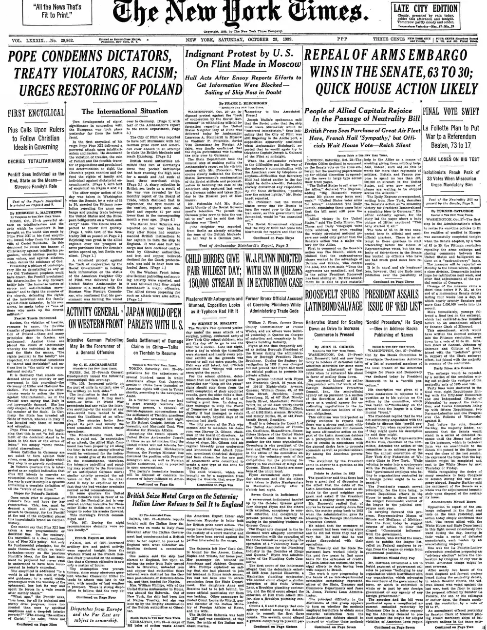 Saturday, October 28, 1939 – The New York Times Front Page