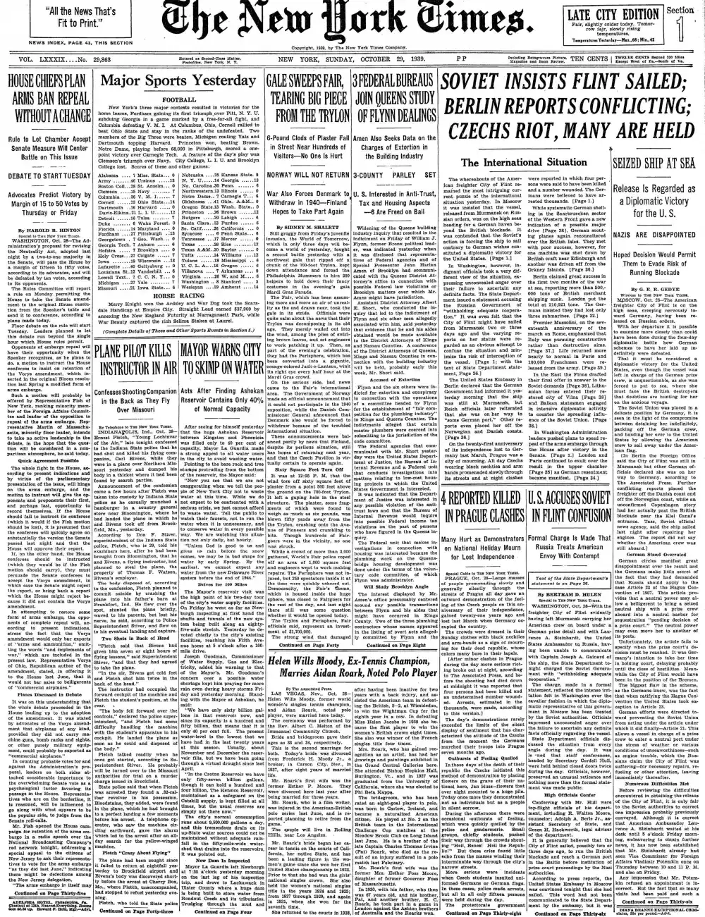 Sunday, October 29, 1939 – The New York Times Front Page