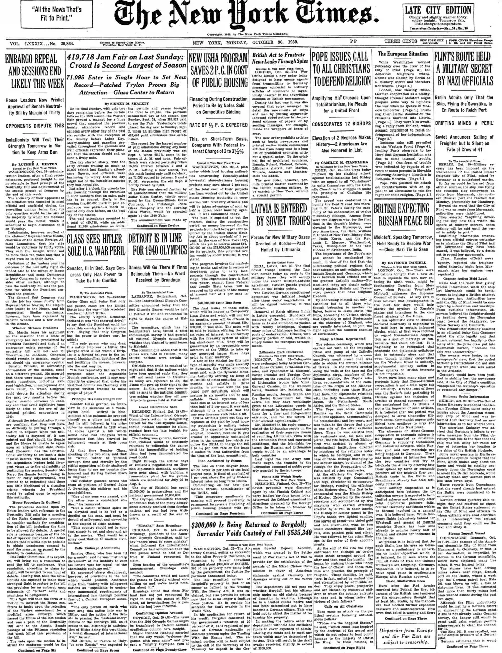 Monday, October 30, 1939 – The New York Times Front Page