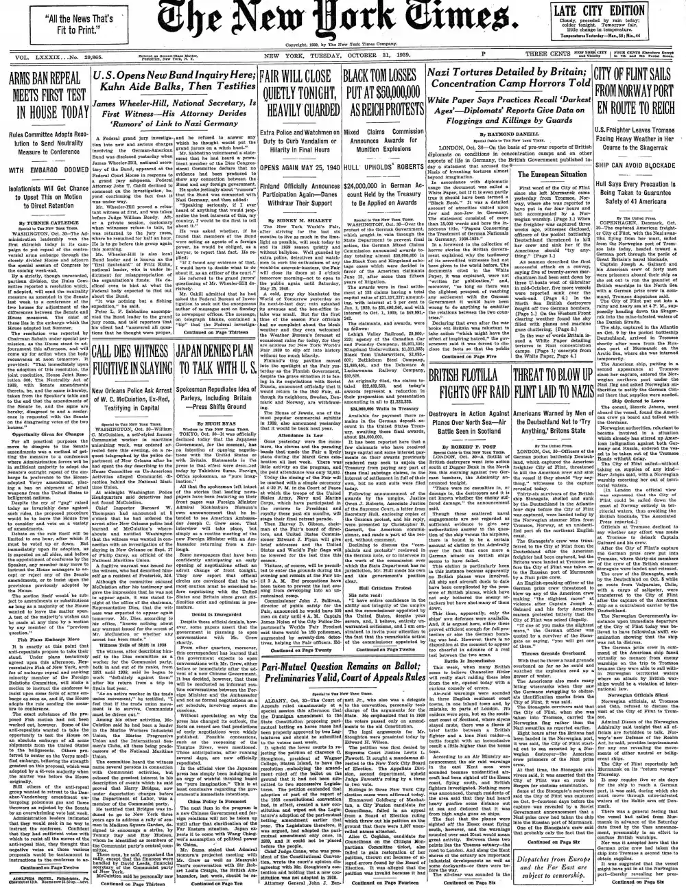 Tuesday, October 31, 1939 – The New York Times Front Page