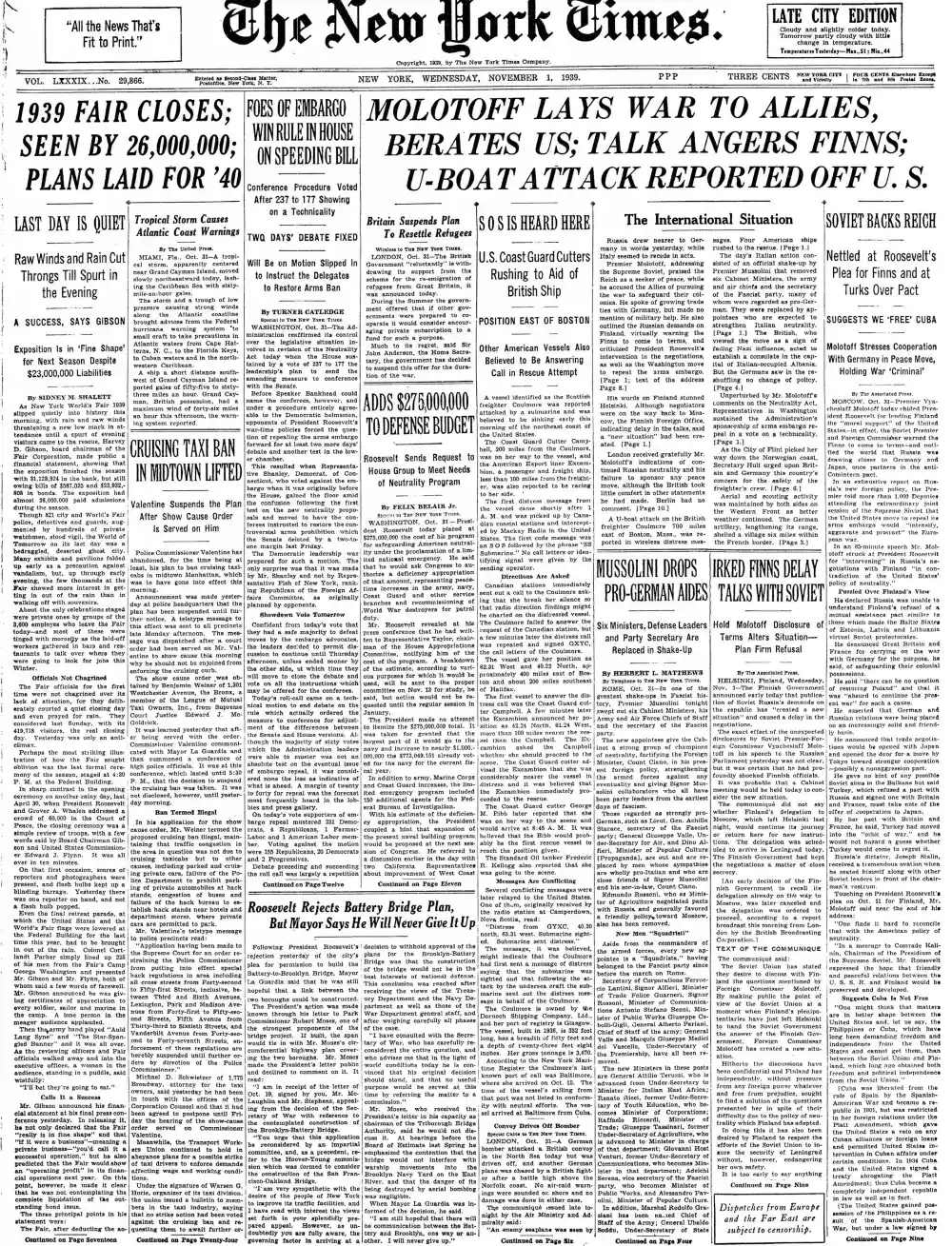 Wednesday, November 1, 1939 – The New York Times Front Page