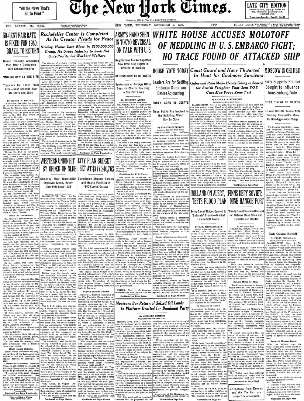 Thursday, November 2, 1939 – The New York Times Front Page