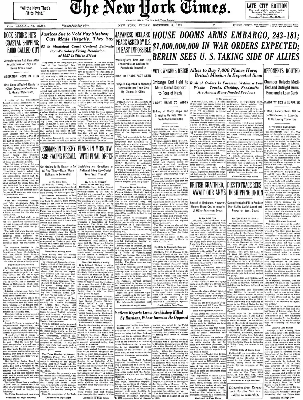 Friday, November 3, 1939 – The New York Times Front Page