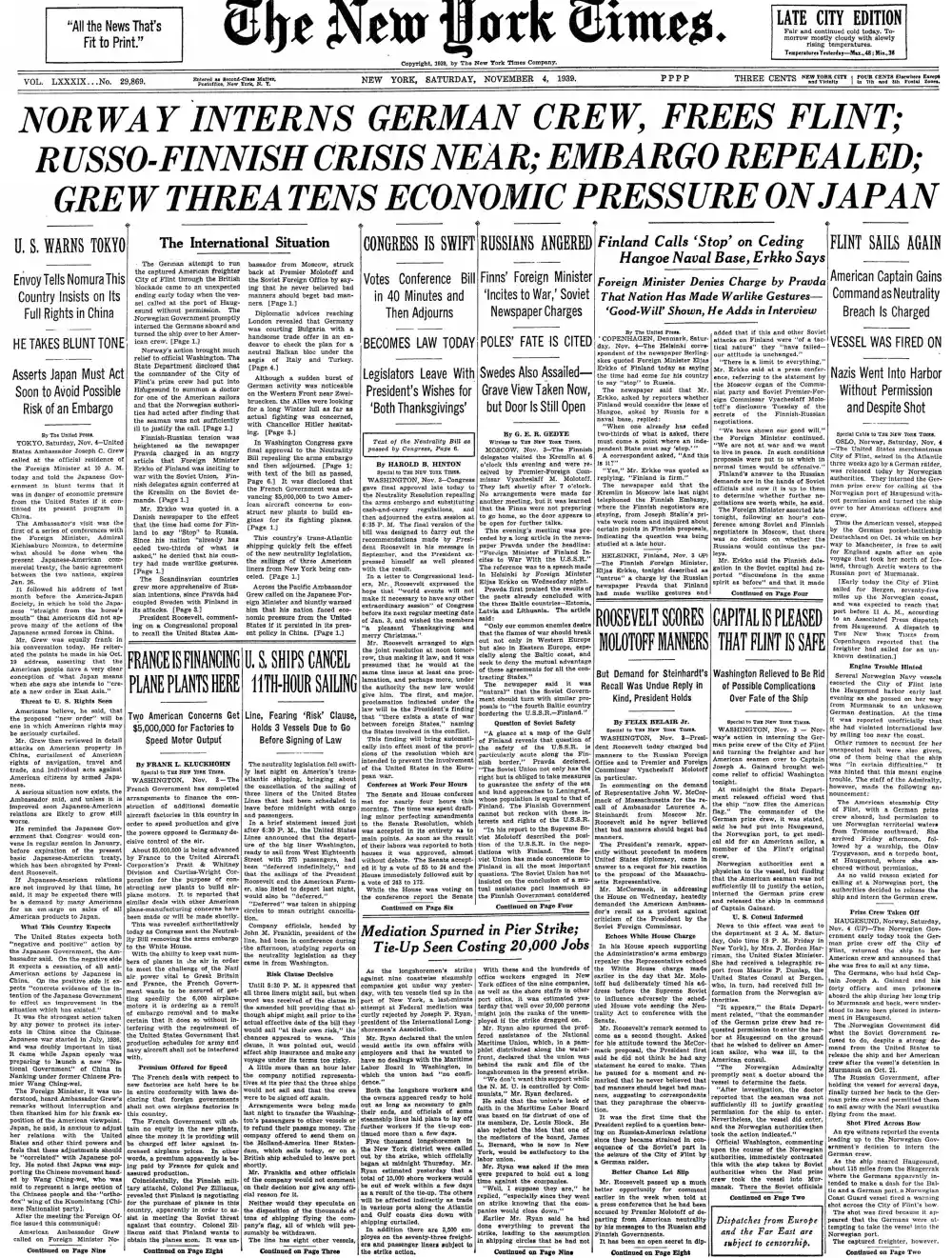 Saturday, November 4, 1939 – The New York Times Front Page