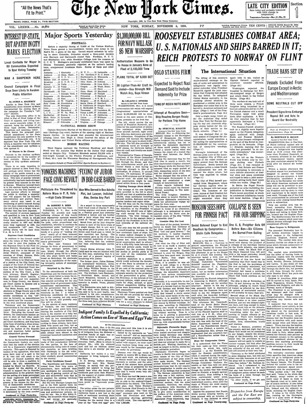 Sunday, November 5, 1939 – The New York Times Front Page