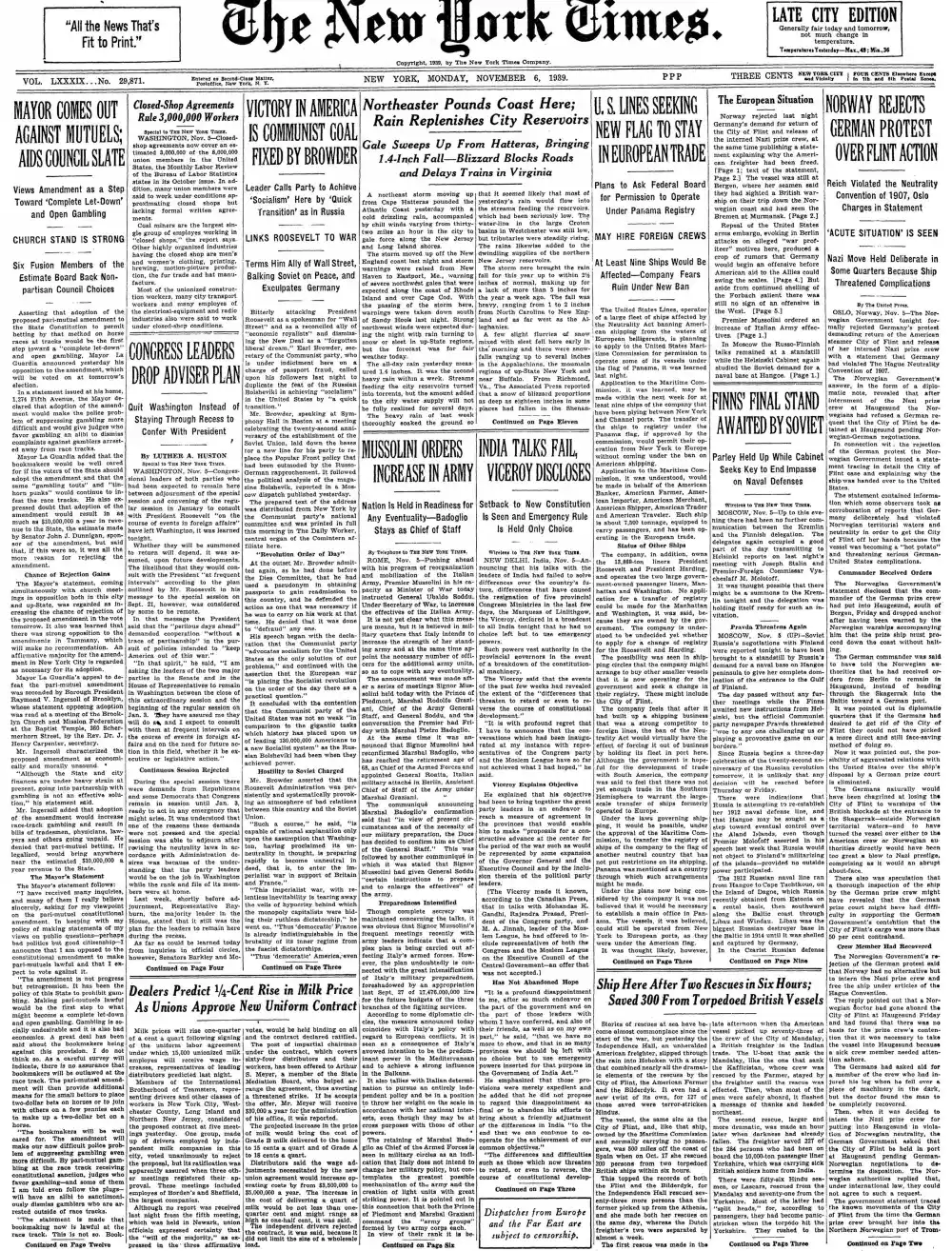 Monday, November 6, 1939 – The New York Times Front Page