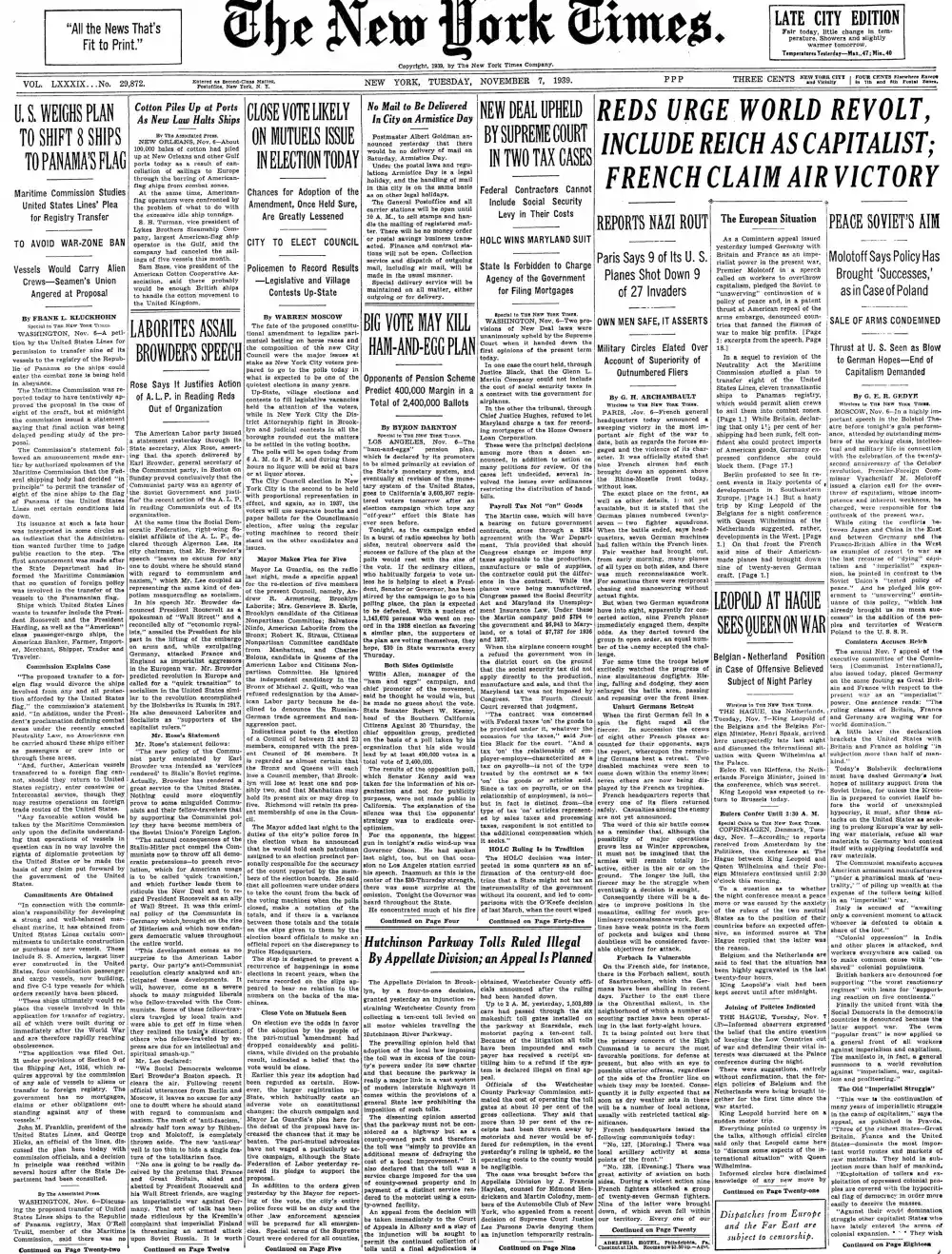 Tuesday, November 7, 1939 – The New York Times Front Page
