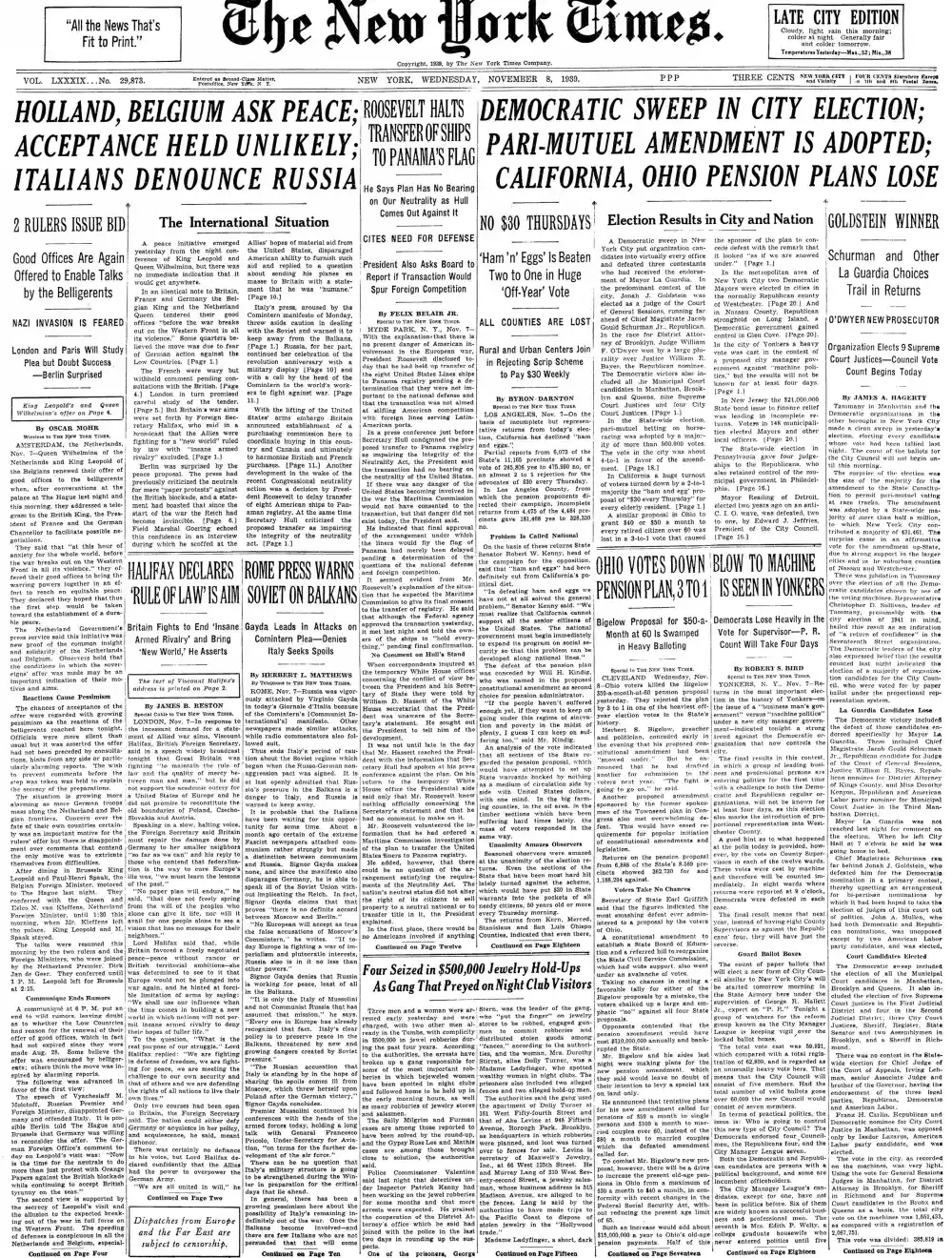 Wednesday, November 8, 1939 – The New York Times Front Page