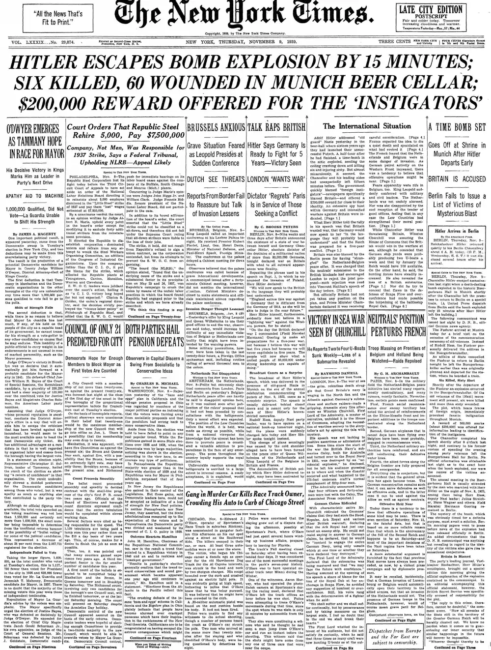 Thursday, November 9, 1939 – The New York Times Front Page
