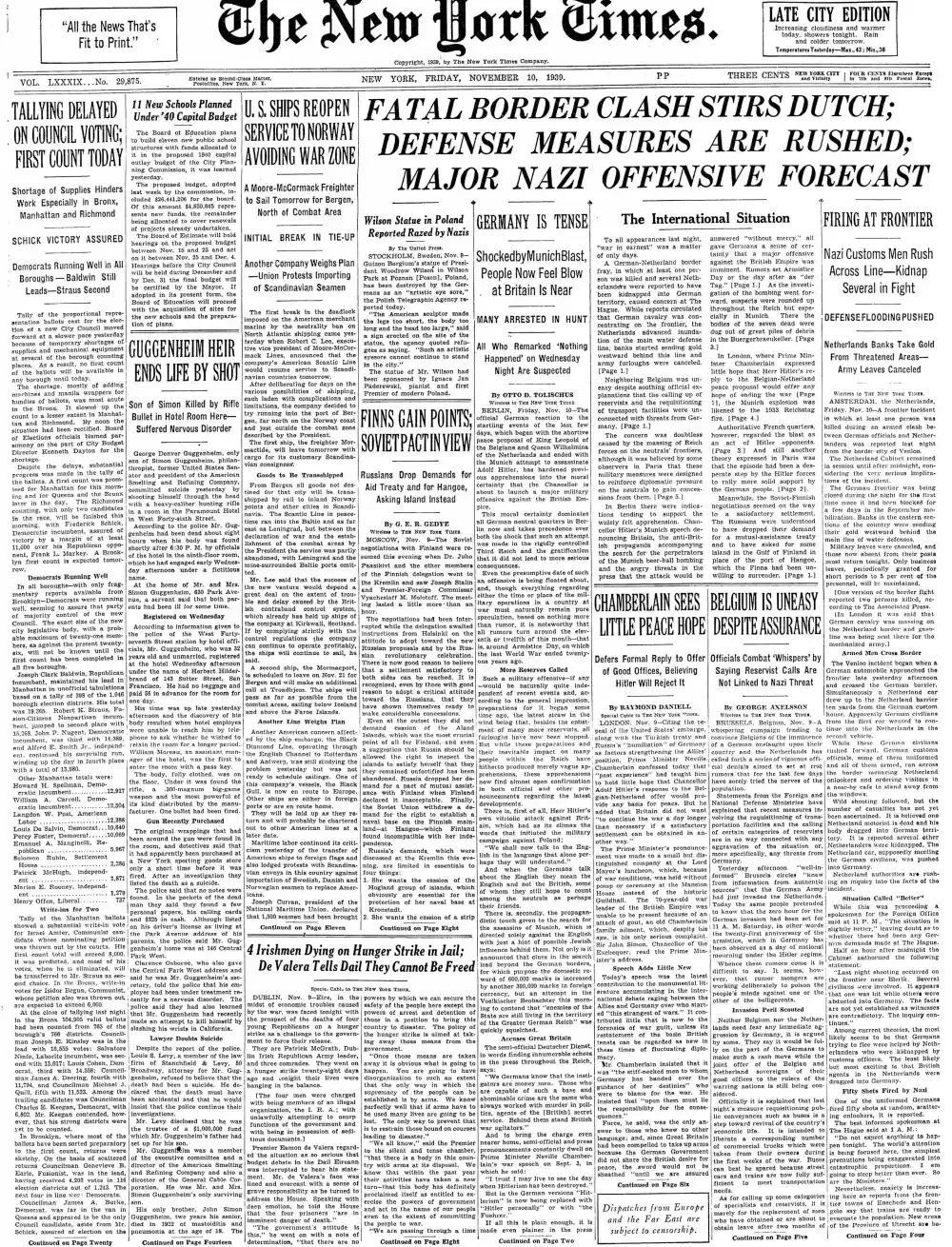 Friday, November 10, 1939 – The New York Times Front Page