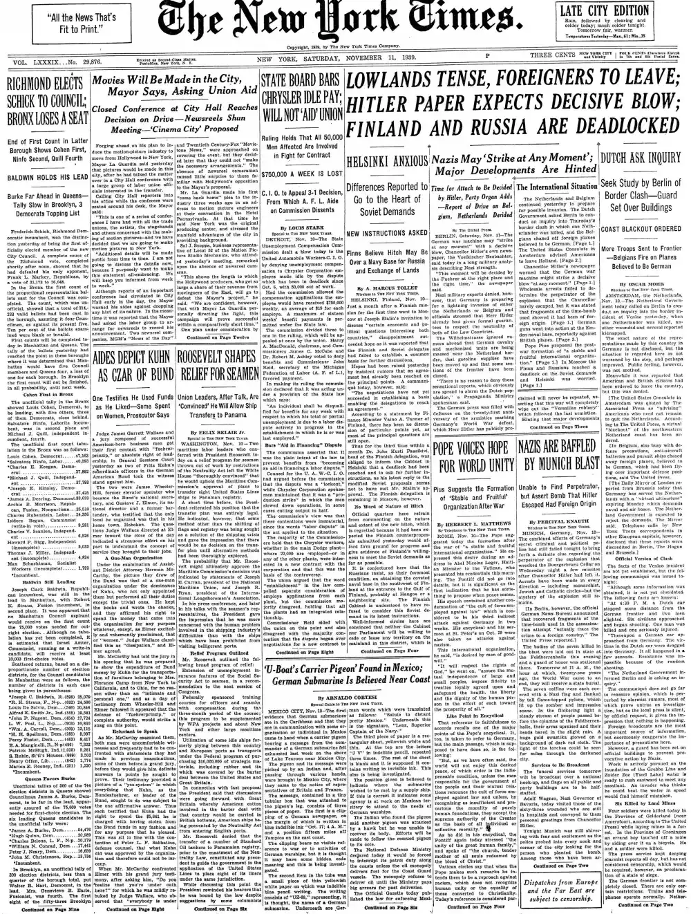 Saturday, November 11, 1939 – The New York Times Front Page