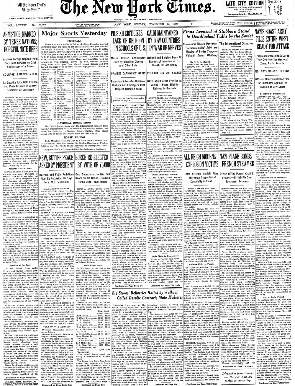 Sunday, November 12, 1939 – The New York Times Front Page
