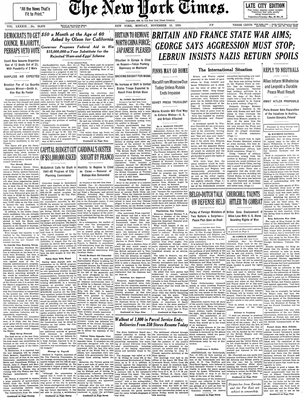 Monday, November 13, 1939 – The New York Times Front Page