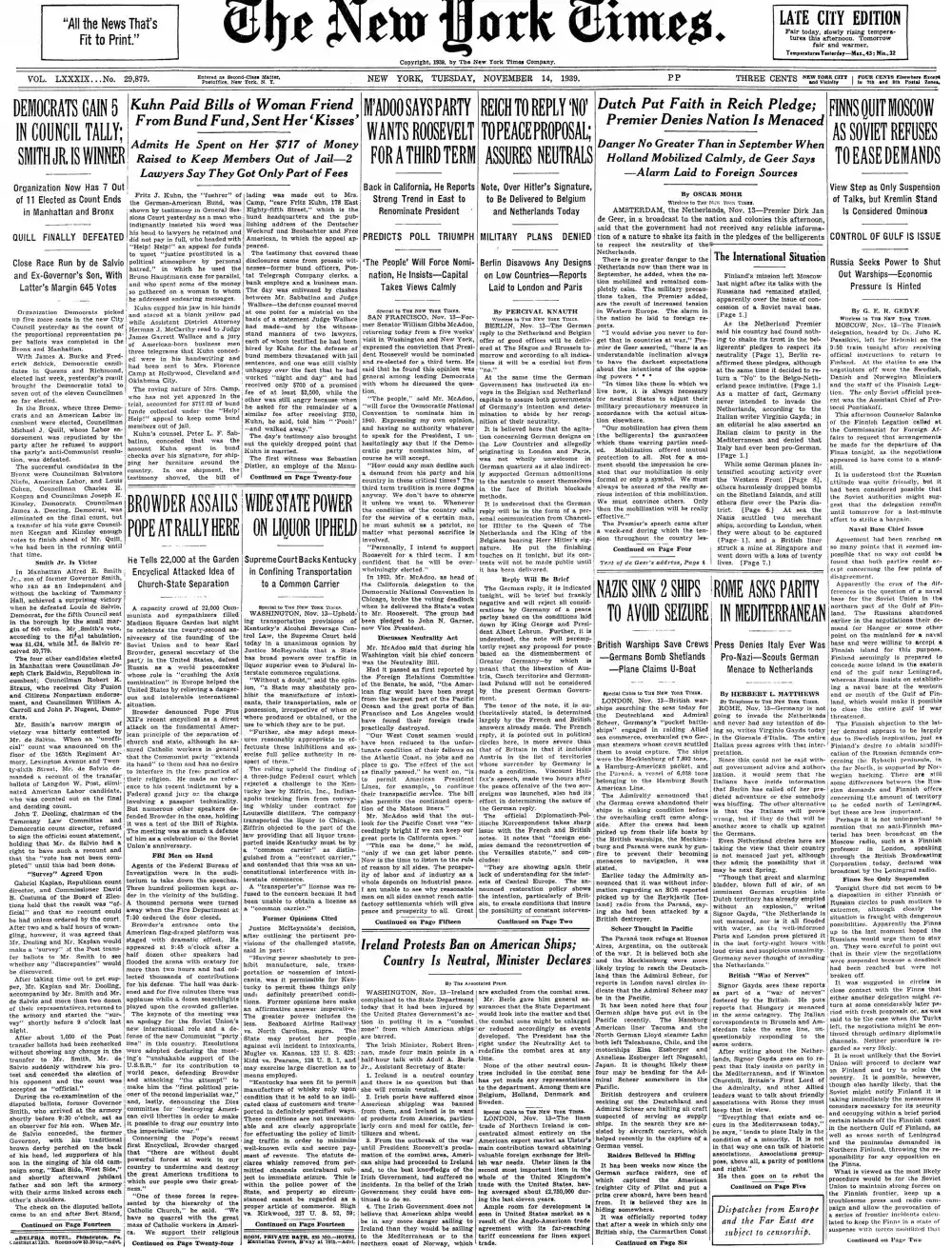 Tuesday, November 14, 1939 – The New York Times Front Page