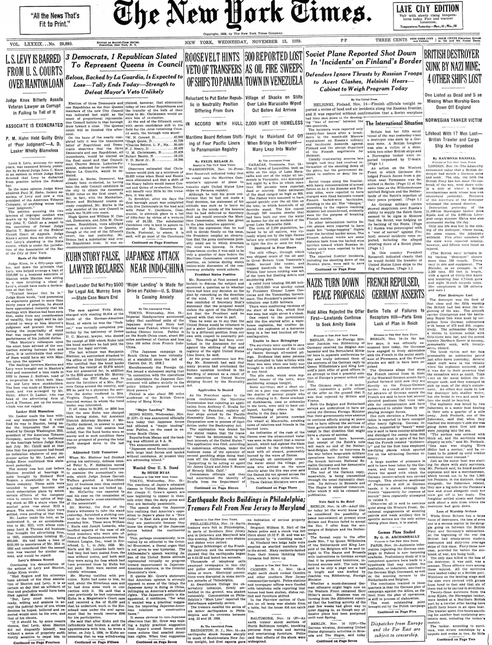 Wednesday, November 15, 1939 – The New York Times Front Page