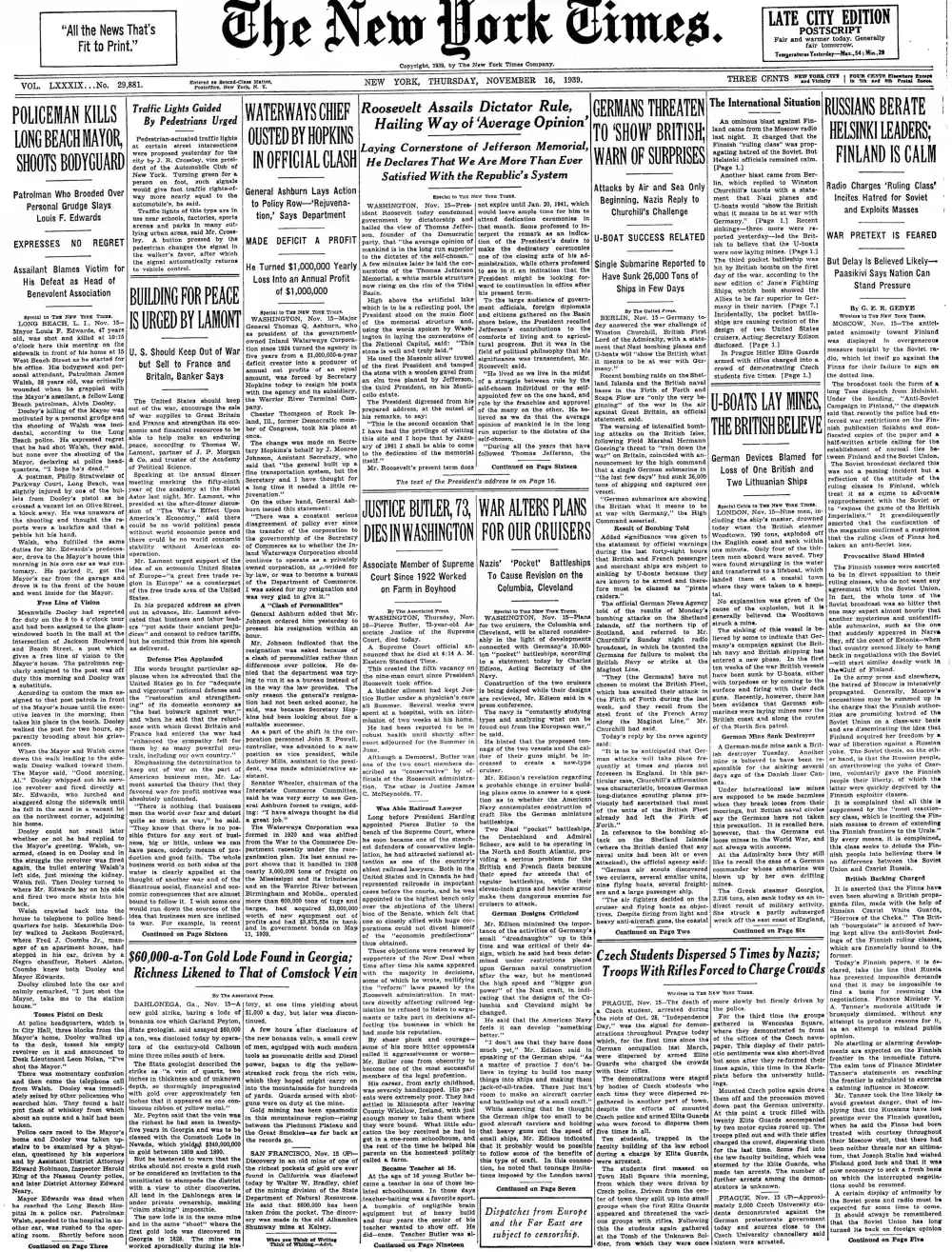 Thursday, November 16, 1939 – The New York Times Front Page