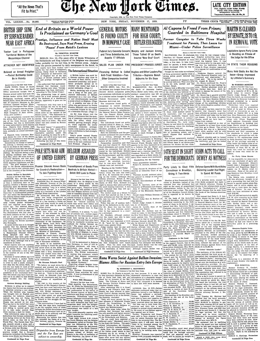 Friday, November 17, 1939 – The New York Times Front Page