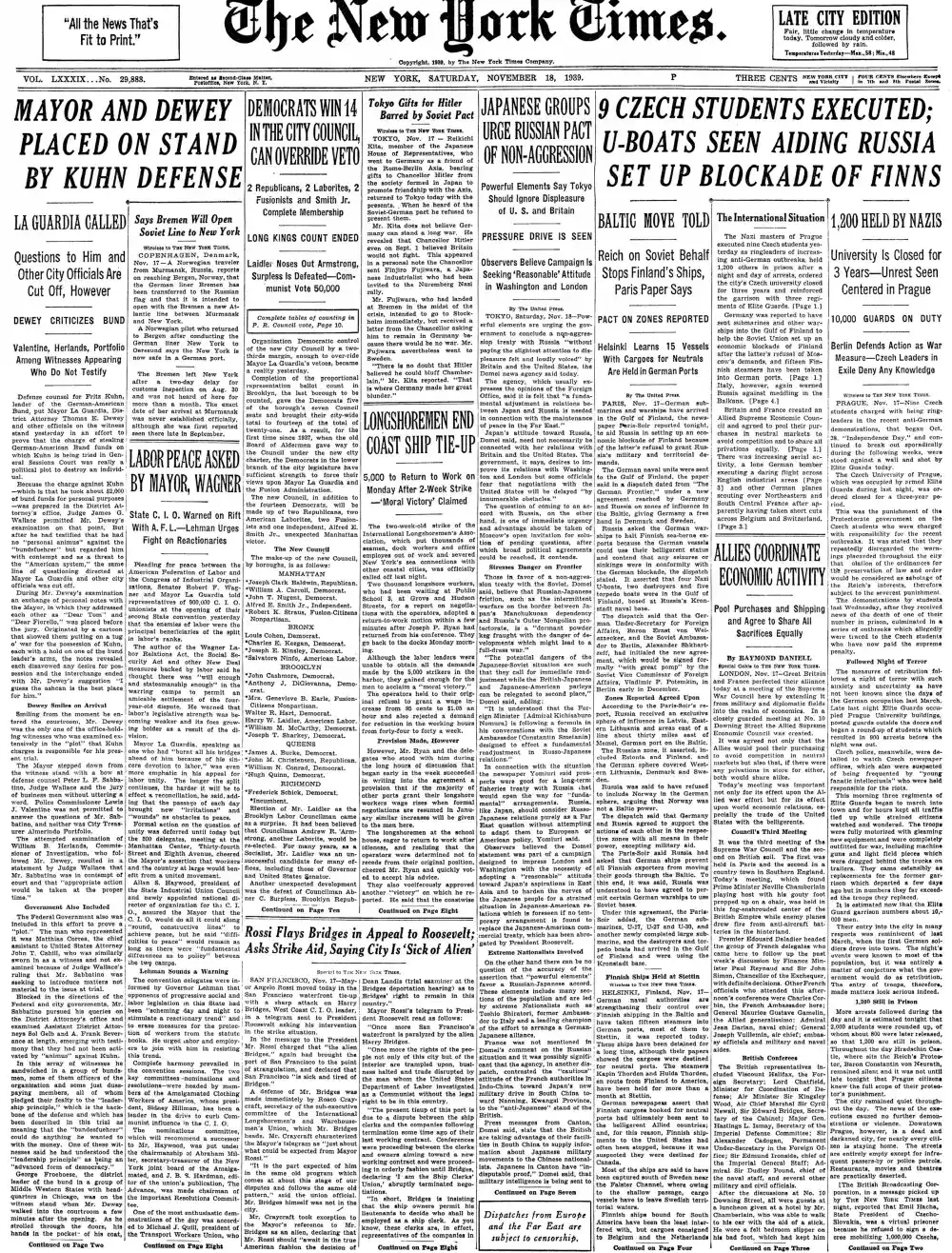 Saturday, November 18, 1939 – The New York Times Front Page