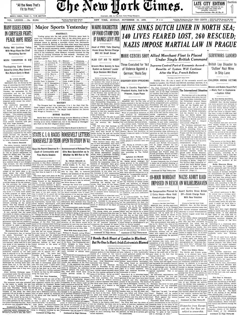Sunday, November 19, 1939 – The New York Times Front Page