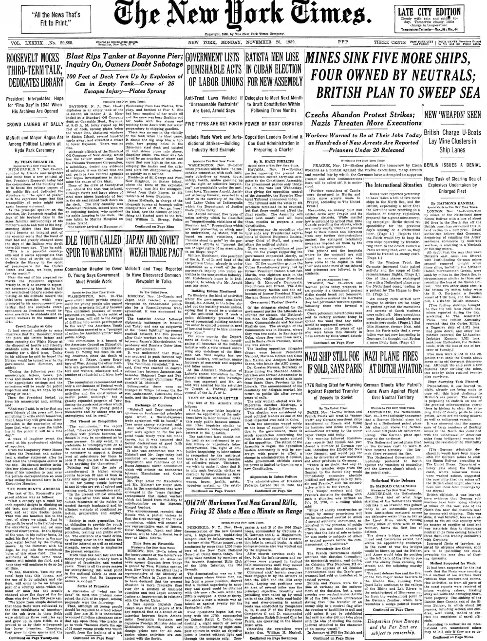 Monday, November 20, 1939 – The New York Times Front Page