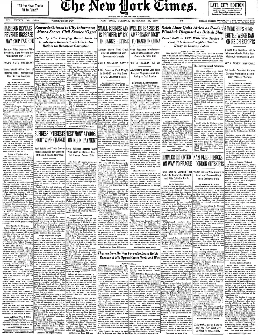 Tuesday, November 21, 1939 – The New York Times Front Page