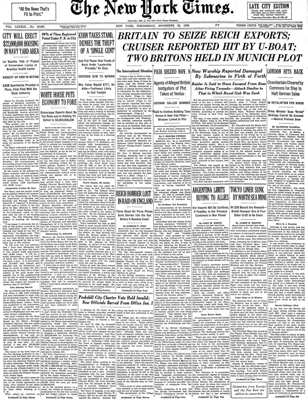Wednesday, November 22, 1939 – The New York Times Front Page