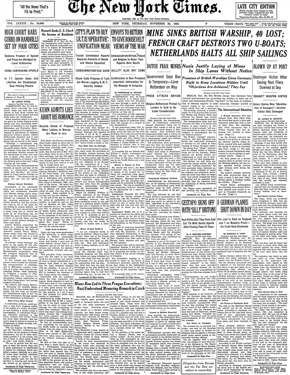 Thursday, November 23, 1939 – The New York Times Front Page