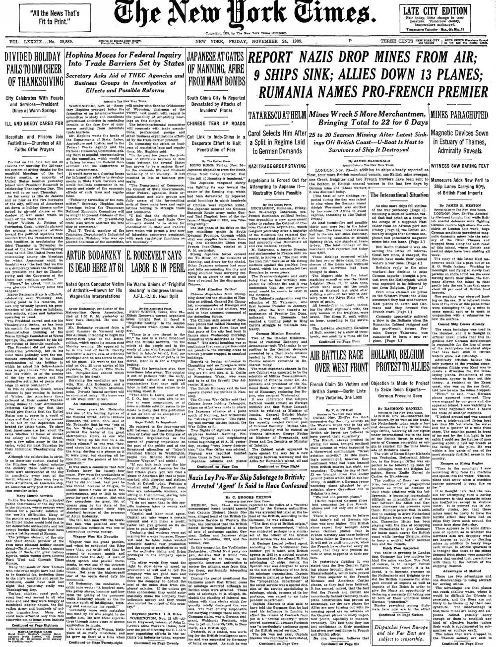 Friday, November 24, 1939 – The New York Times Front Page