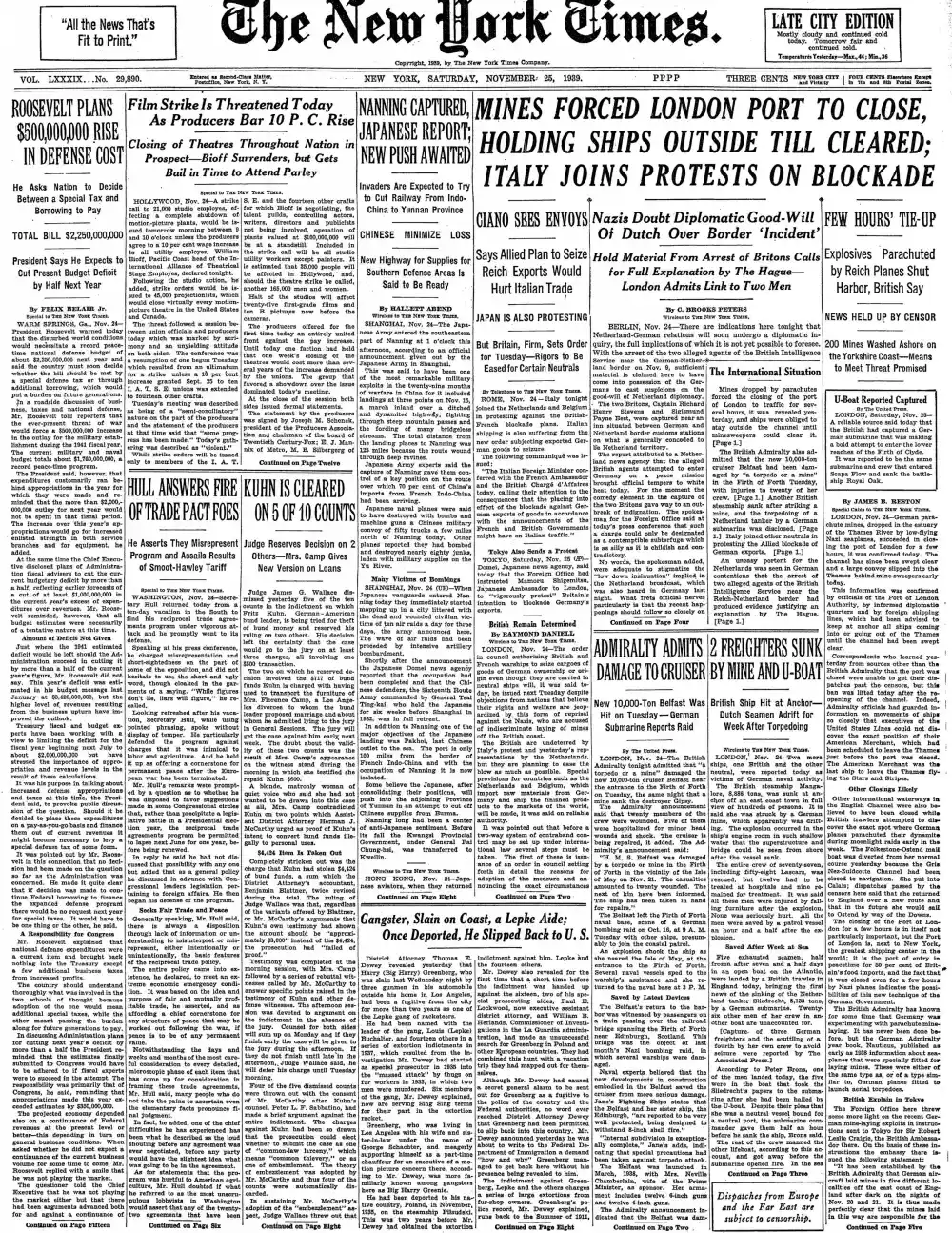 Saturday, November 25, 1939 – The New York Times Front Page