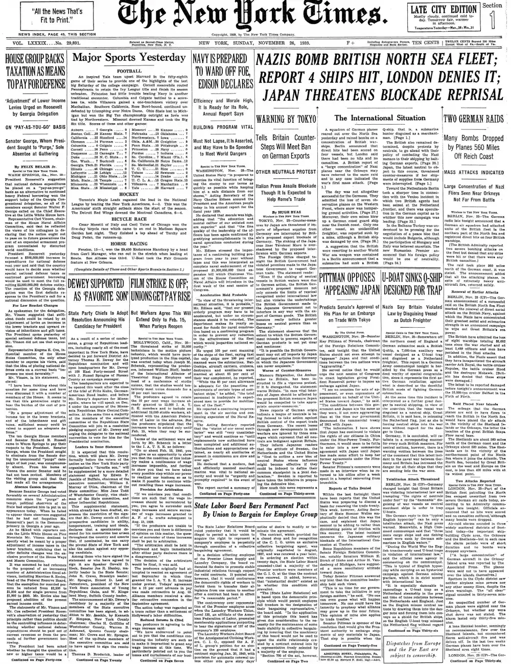 Sunday, November 26, 1939 – The New York Times Front Page