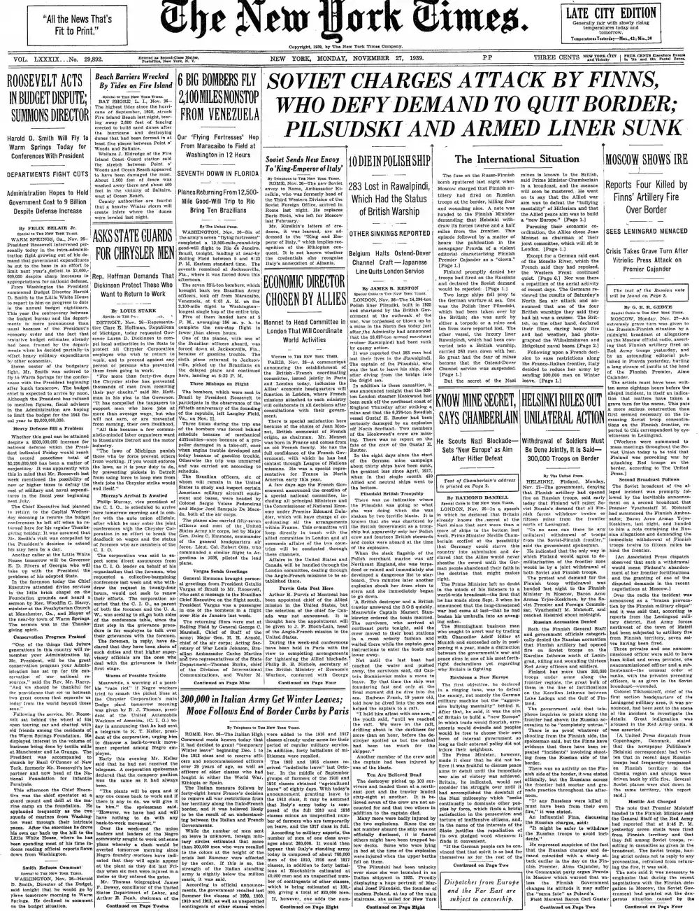 Monday, November 27, 1939 – The New York Times Front Page