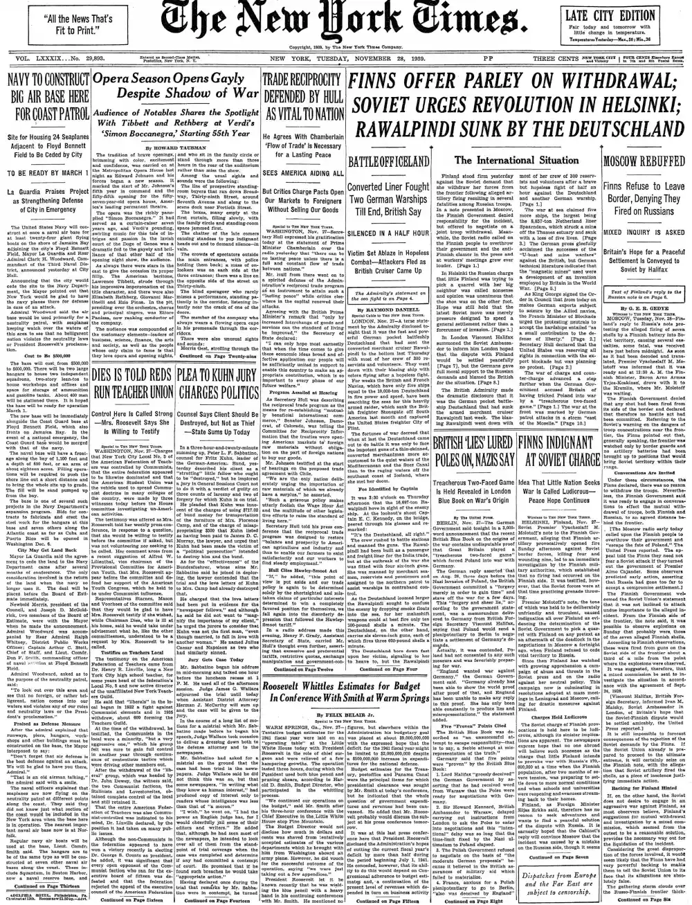 Tuesday, November 28, 1939 – The New York Times Front Page