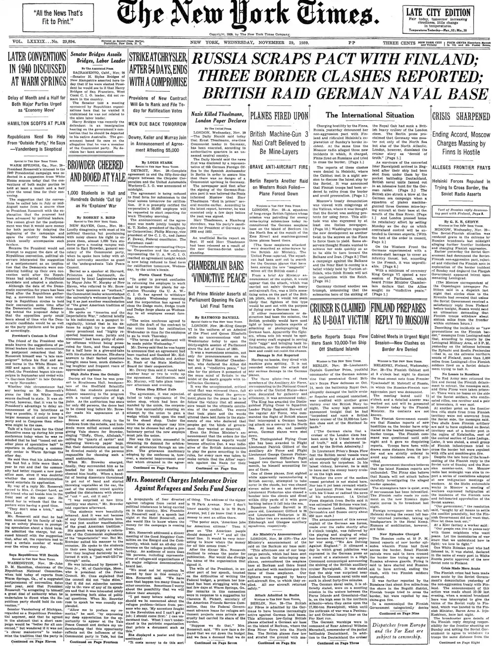 Wednesday, November 29, 1939 – The New York Times Front Page