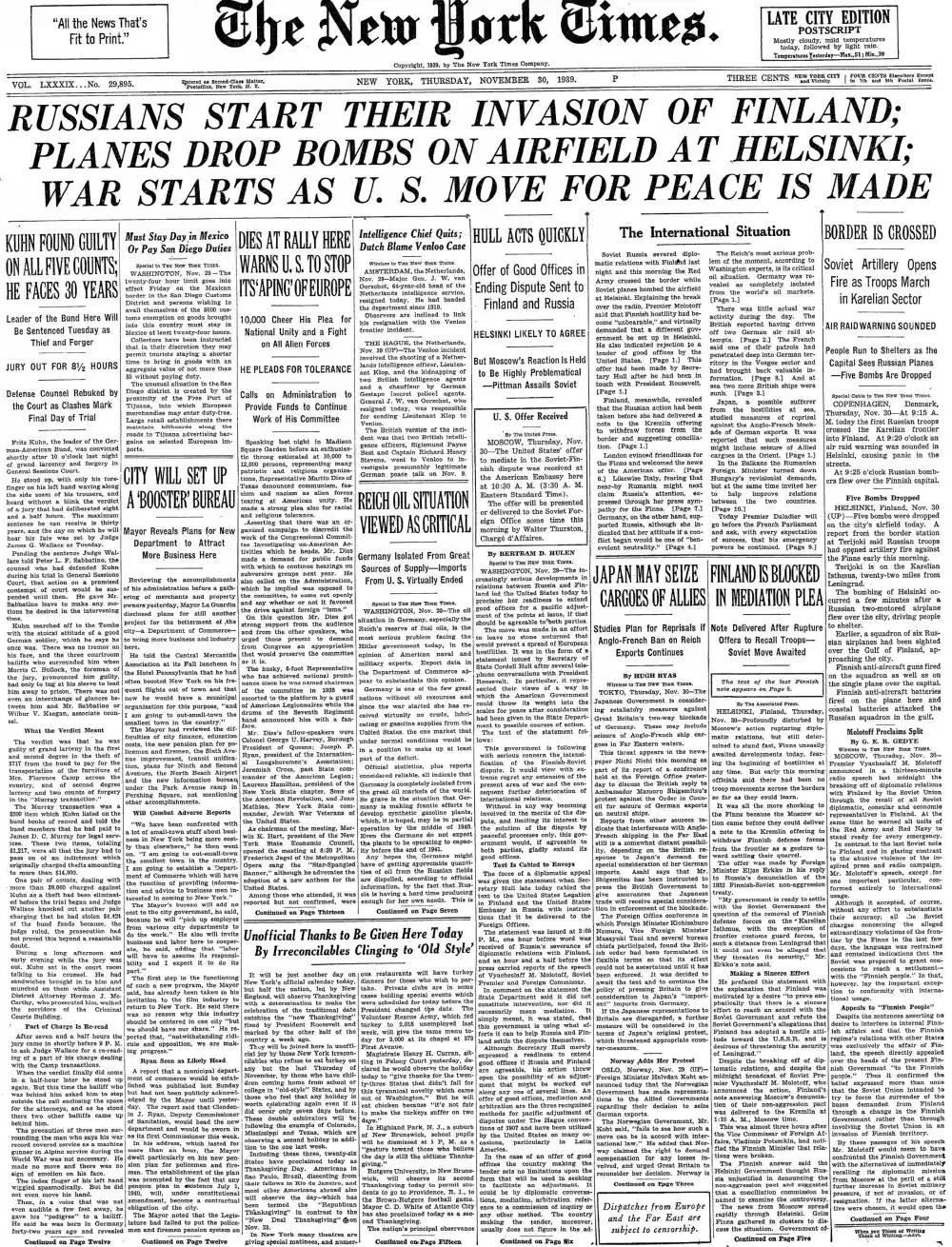 Thursday, November 30, 1939 – The New York Times Front Page
