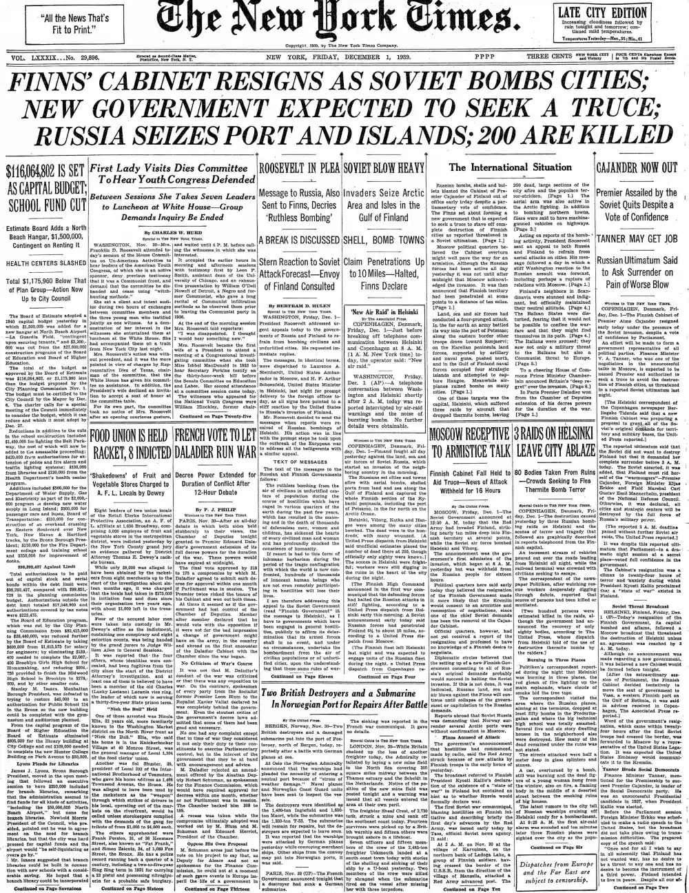 Friday, December 1, 1939 – The New York Times Front Page