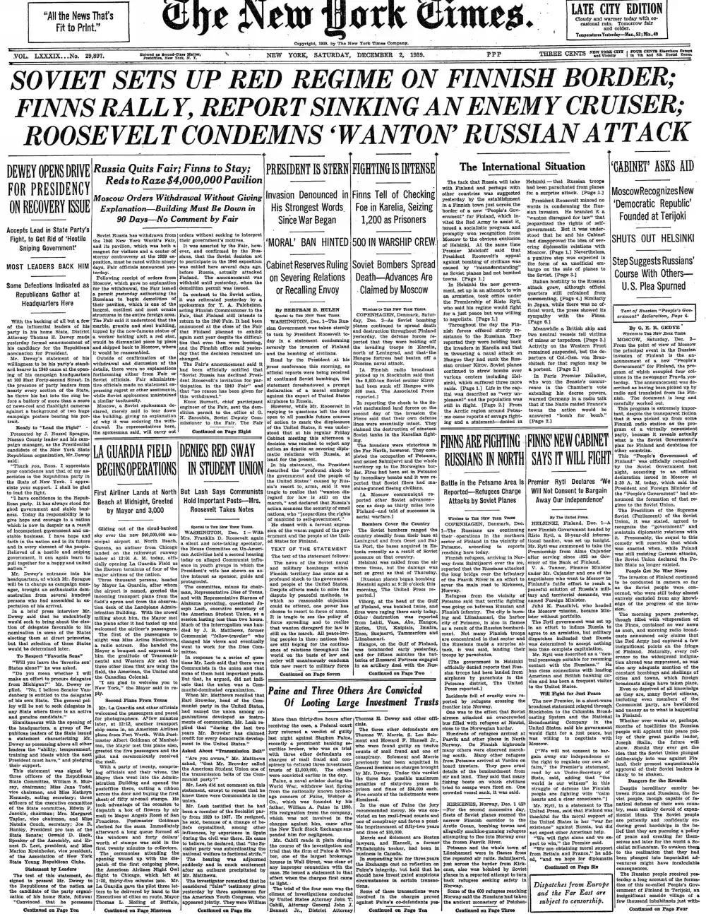 Saturday, December 2, 1939 – The New York Times Front Page