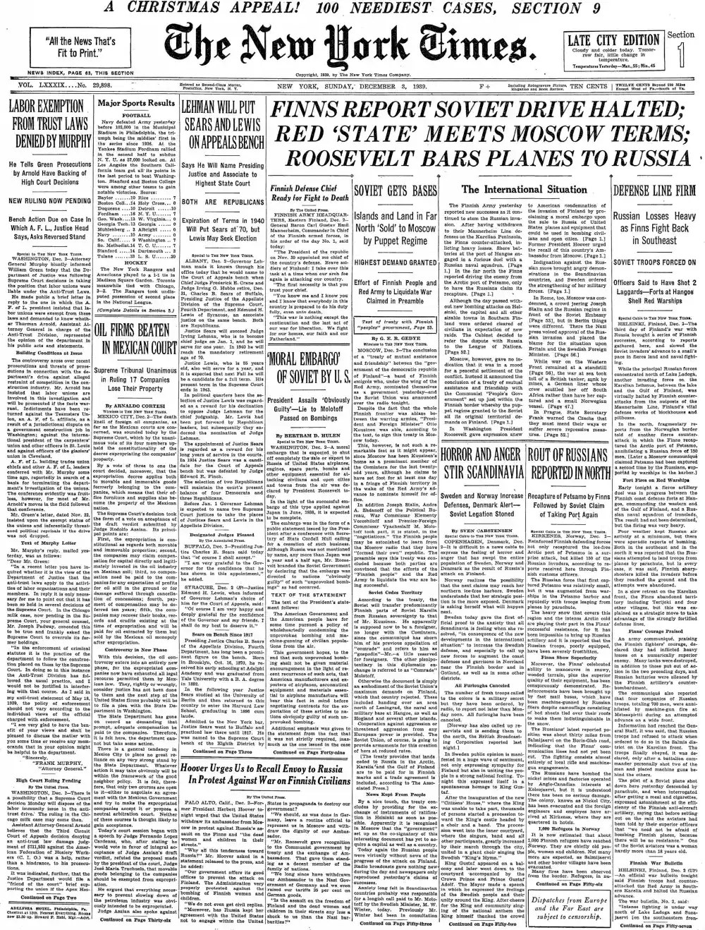 Sunday, December 3, 1939 – The New York Times Front Page