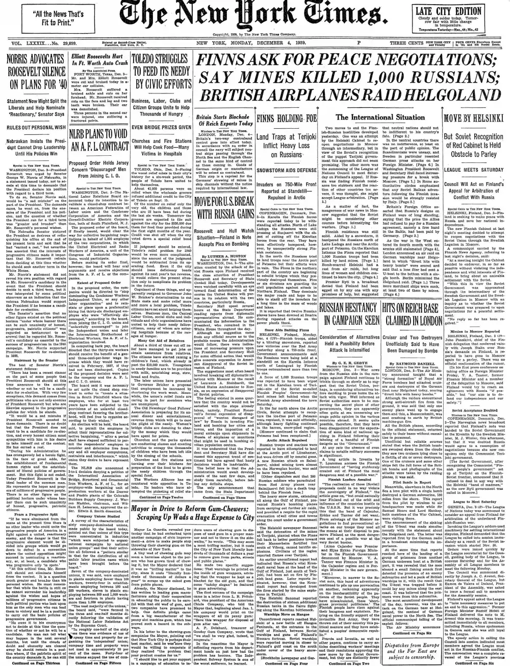 Monday, December 4, 1939 – The New York Times Front Page