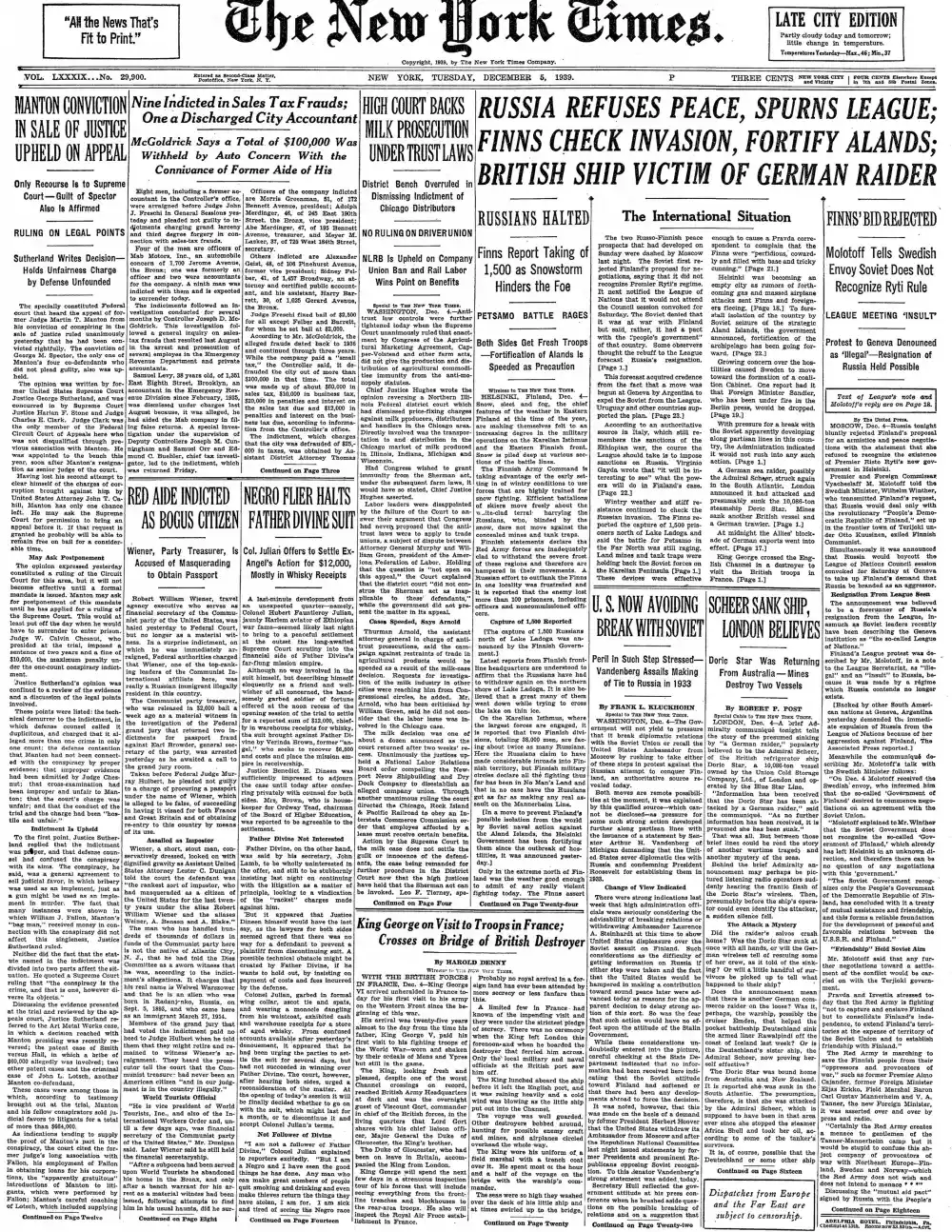 Tuesday, December 5, 1939 – The New York Times Front Page