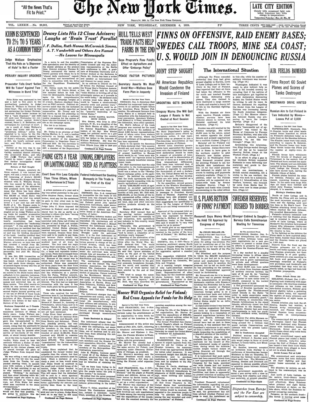 Wednesday, December 6, 1939 – The New York Times Front Page
