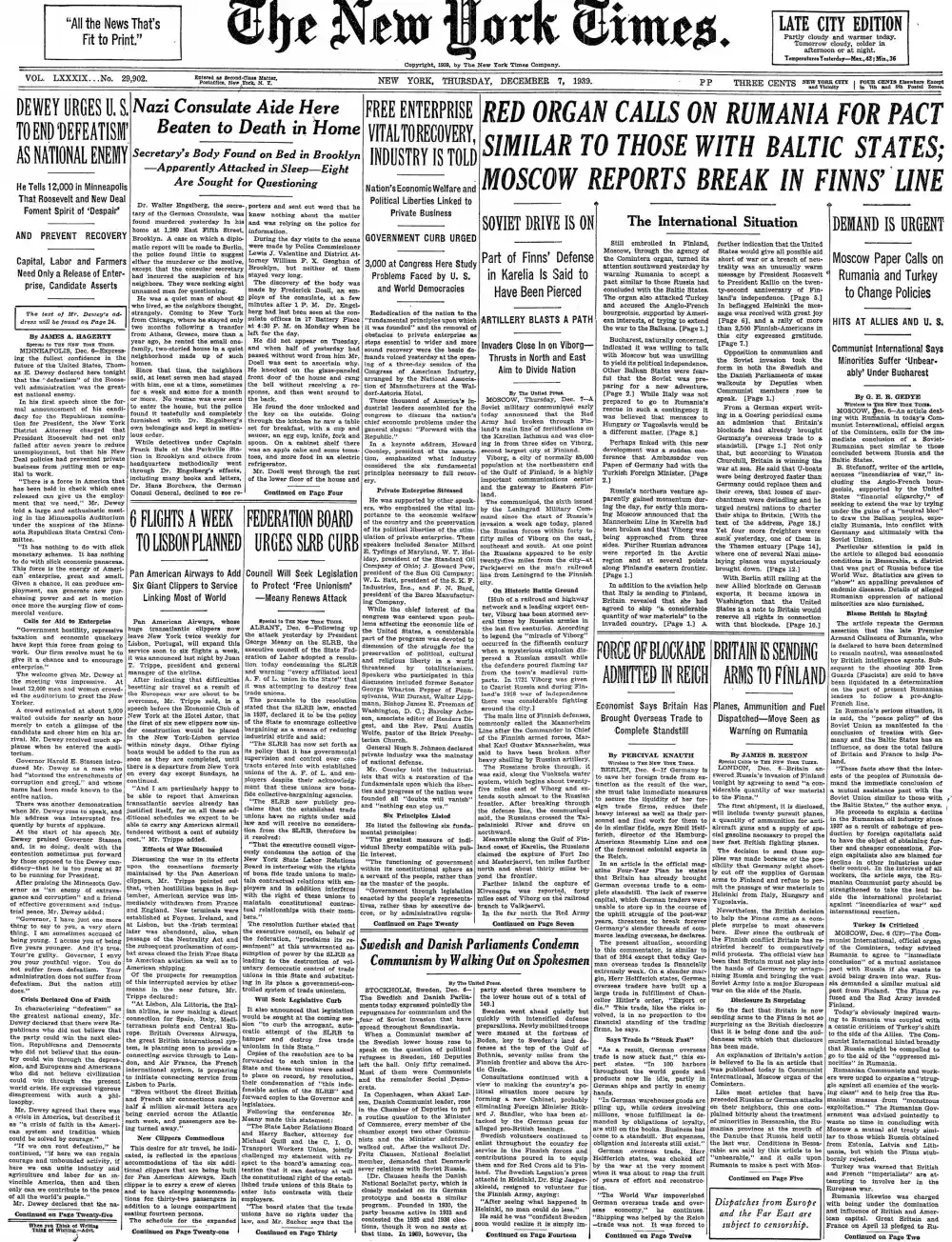 Thursday, December 7, 1939 – The New York Times Front Page