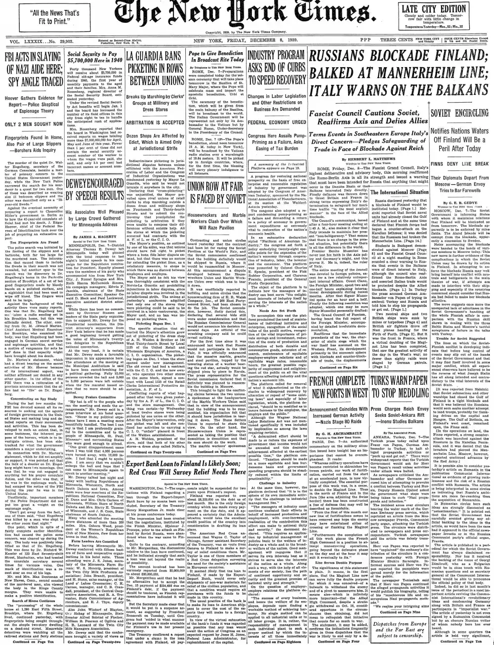 Friday, December 8, 1939 – The New York Times Front Page