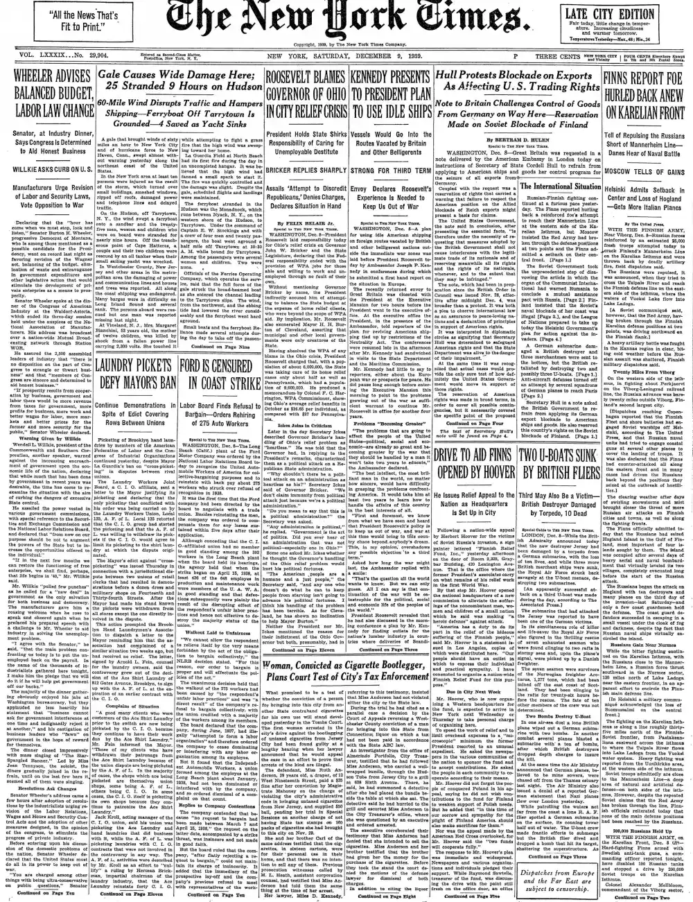 Saturday, December 9, 1939 – The New York Times Front Page