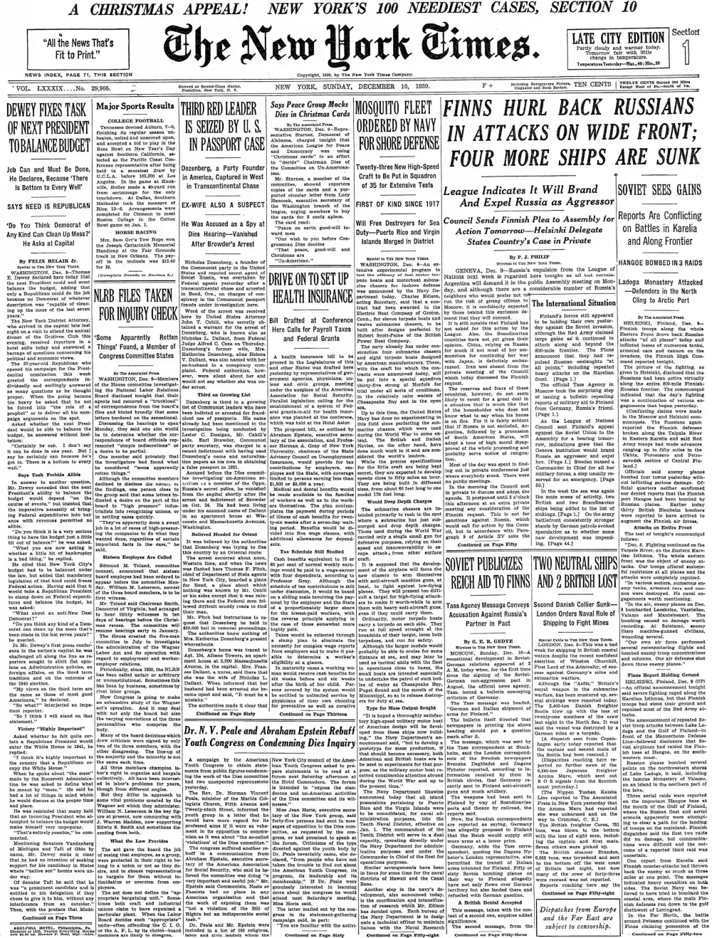 Sunday, December 10, 1939 – The New York Times Front Page