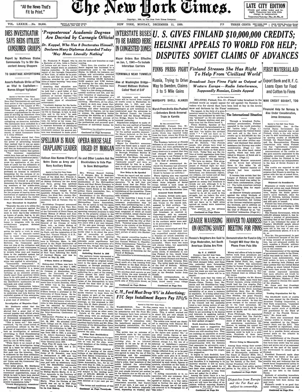 Monday, December 11, 1939 – The New York Times Front Page