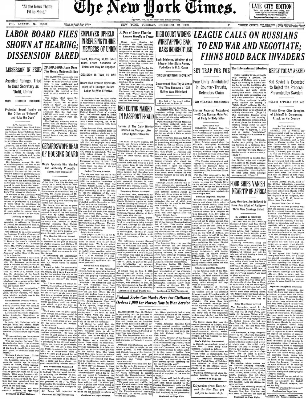 Tuesday, December 12, 1939 – The New York Times Front Page