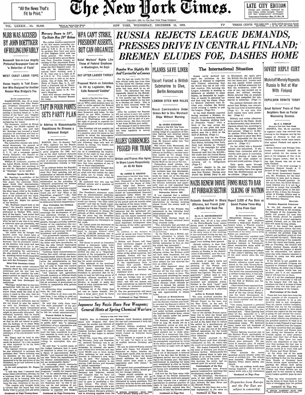 Wednesday, December 13, 1939 – The New York Times Front Page
