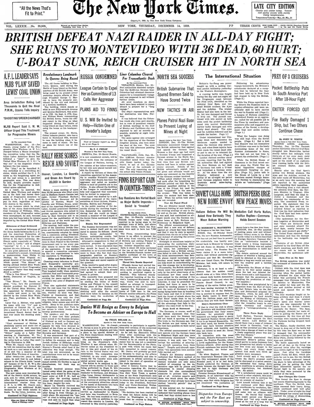 Thursday, December 14, 1939 – The New York Times Front Page