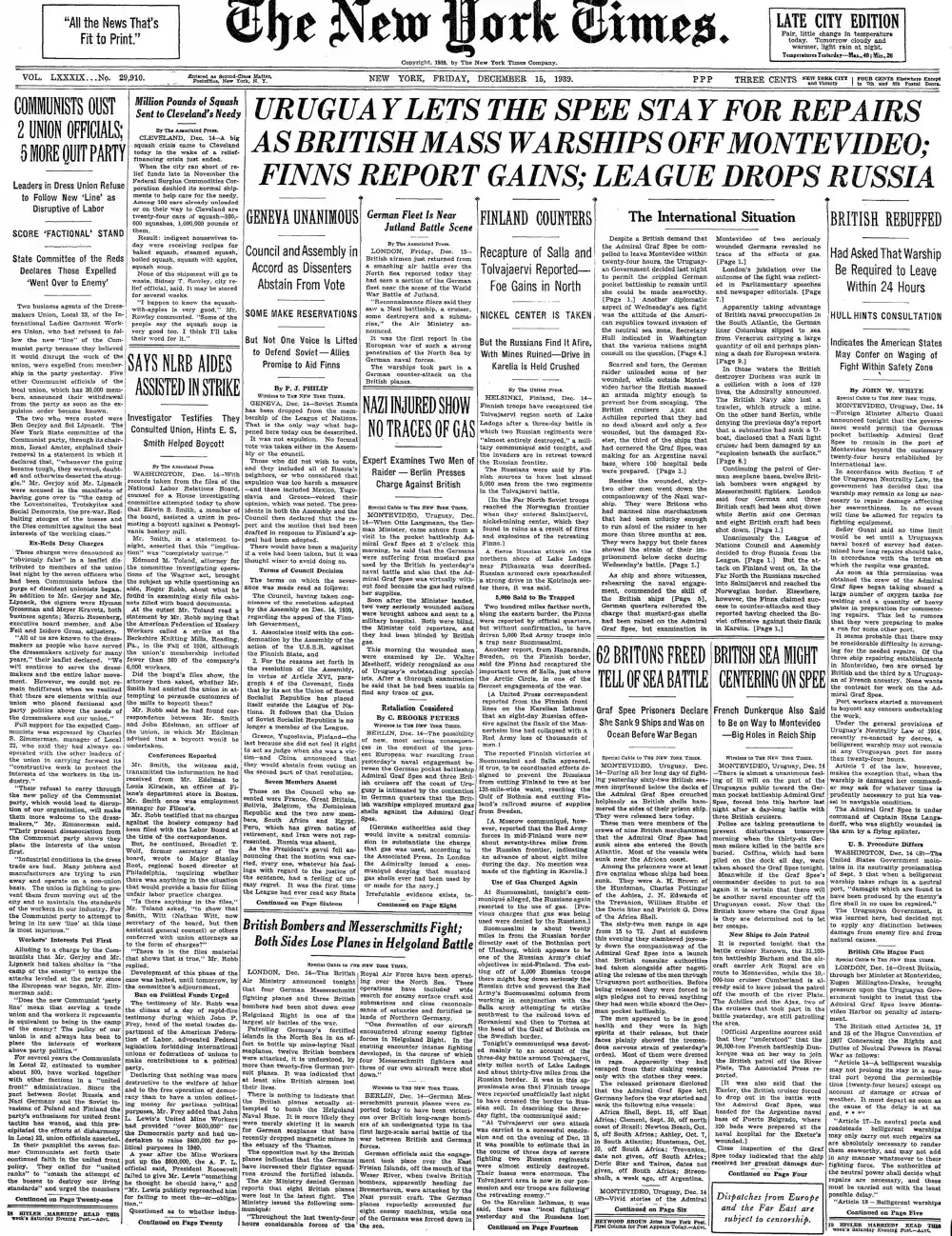Friday, December 15, 1939 – The New York Times Front Page