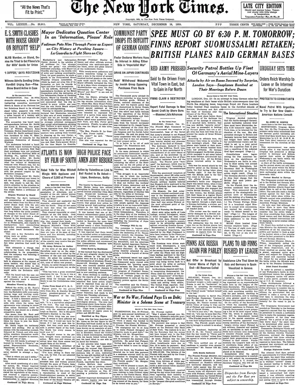 Saturday, December 16, 1939 – The New York Times Front Page